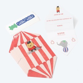 Cheerland Party Invitations – Circus Themed Invitation Cards with Stickers for 1st Birthdays Baby Showers Lion Elephant Animal Prints Red White Circus Tent Carnival Supplies