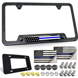 FBJTDQ Police Thin Blue Line License Plate Frame- Patriotic Carbon Fiber Car Tag Holder, American Flag Black Aluminum Bracket with Screw, Cap Covers, Decal, Novelty Gift for Law Enforcement, 1 Pack