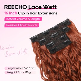 REECHO Curly Hair Extensions, 4PCS 16 inch Clip in Hair Extensions Lace Weft Short Curly Extension Clip Ins Invisible Natural Hairpieces for Women, Copper Red