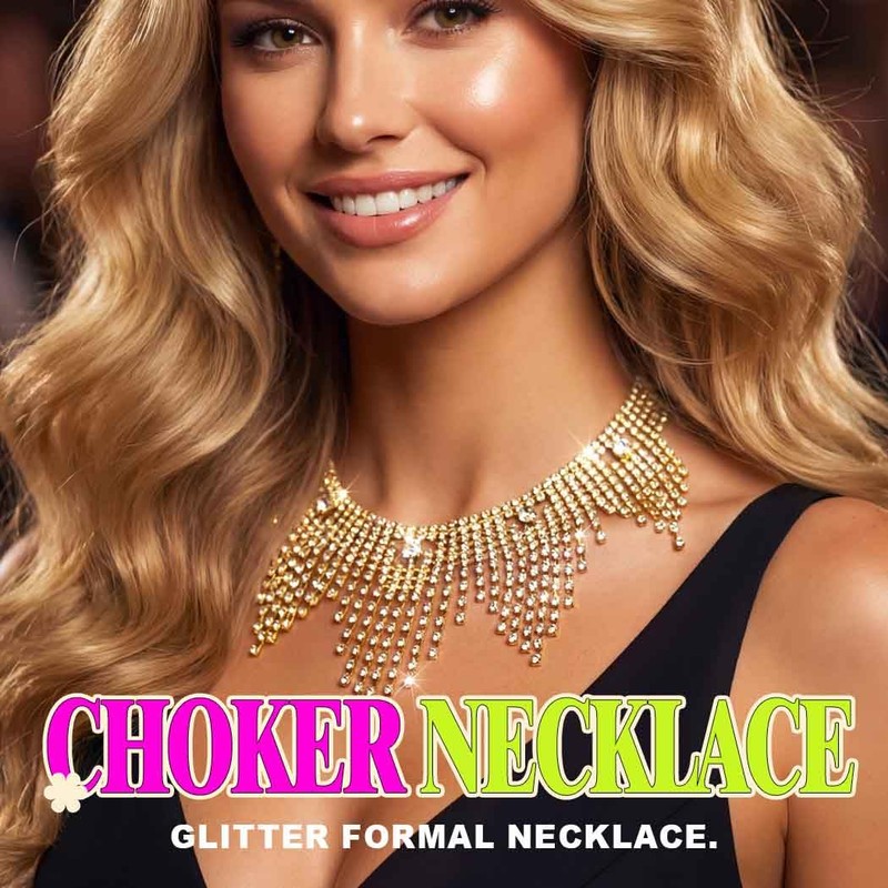 JAKAWIN Diamond Choker Necklace Gold Sparkly Rhinestone Porm Jewelry for