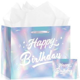 LUUFILx Happy Birthday Gift Bag with Tissue Paper Holographic Party Favor Bags for Girls Birthday Wrapping Paper for Baby Shower Bachelorette Music Singer 70s Disco Christmas Party Supplies