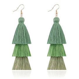 DIYANMMY 3 Tier Layered Colorful Tassel Earrings Bohemian Big Dangle Drop Fashion Jewelry Earrings for Women Valentine Birthday Party Gift. (green Tassel)
