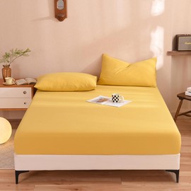 Mengersi - Sábana bajera ajustable de 100 % algodón de punto, sábana bajera ajustable de 1 pieza, funda de colchón de bolsillo extra profundo (amarillo, matrimonial)