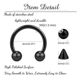 Besyvvin 16G Horseshoe Lip Nose Septum Eyebrow Ring Stainless Steel Black Helix Tragus Cartilage Piercing 6mm Hoop