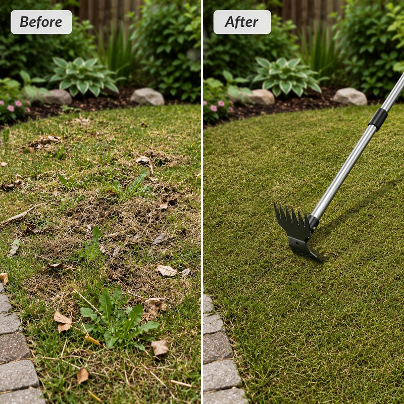 2-in-1 Garden Thatch Rake for Weeding & Soil Care –