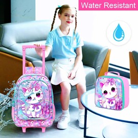 4PCS Rolling Backpack for Girls, Cat Roller School Bookbag with Lunch Bag, Kids Water Resistant Wheeled Backpacks for Teens Elementary Trave