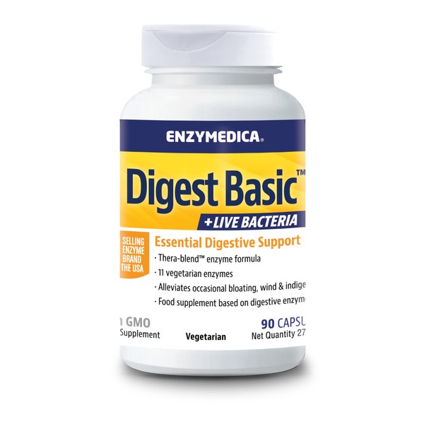 Enzymedica - Digest Basic + Probiotic Bacteria, Enzyme Formula, Reduces Gas and Bloating, Improves Nutrient Absorption and Energy, Gluten Free, Dairy Free, 90 Capsules