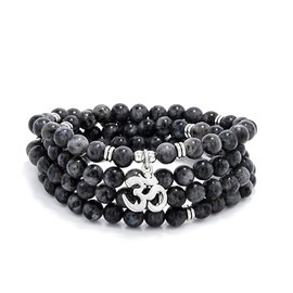 108 Mantra Mala Beads Yoga Bracelet Japa Mala Necklace with Om Symbol Charm (Labradorite)