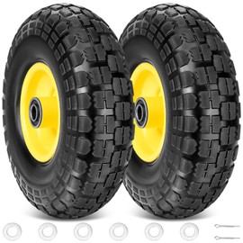 TICONN 10" Solid Tires, 2 Pack Flat Free 4.10/3.50-4'' Wheels with 5/8” Axle Bore Hole and Double Sealed Bearings (Yellow, 2PK)
