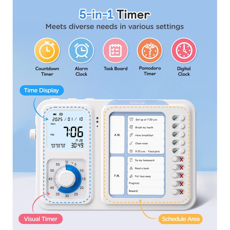 3-in-1 Visual Timer & ADHD Tool for Kids|Adults, Task Timer