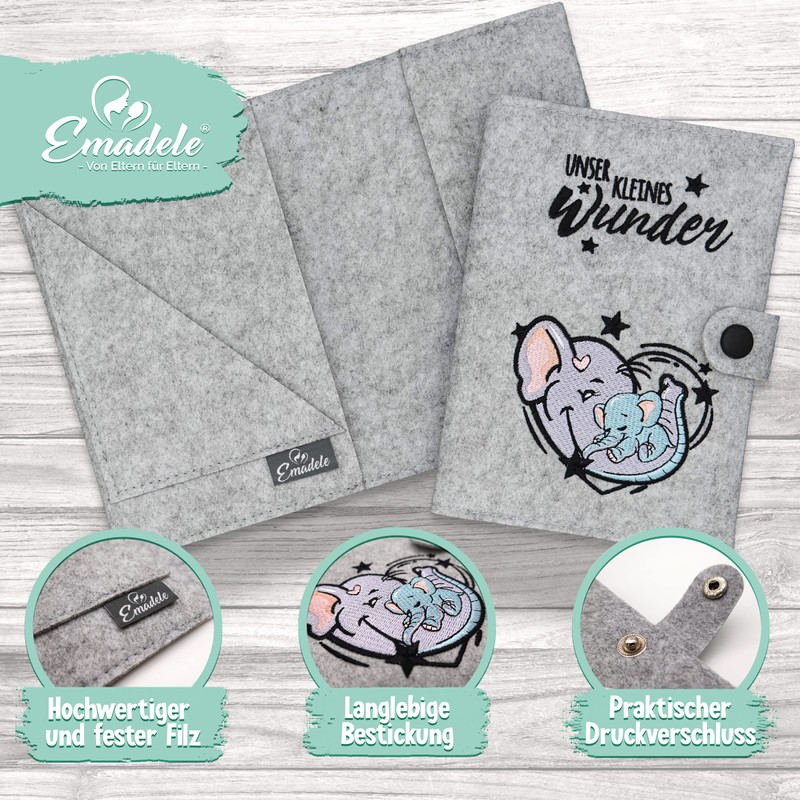 Emadele Mother Child Passport Cover Elephant 'Unser Kleines Wunder' Light
