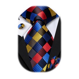 Hi-Tie Mens Plaid Ties Classic Paisley Necktie with Handkerchief Cufflinks Set Business Stripe Tie,Red Yellow Blue