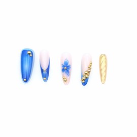 BABALAL Long Stiletto Press on Nails Baby Blue Fake Nails French Glue on 3d Gold Texture Acrylic Nails with Charm Y2k Beach False Nails Custom 24Pcs Almond Handmade Full Cover Nails for Women Girls