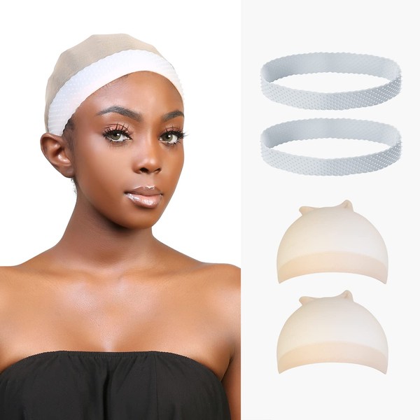 STUDIO LIMITED Flexible Silicone Non Slip Wig Band, Silicone Wig Hold Wigs Grip Head Band Non Slip Transparent Wigs Men Women Sports Yoga (Transparent - 2 Wig Bands & 2 pcs Wig Caps)