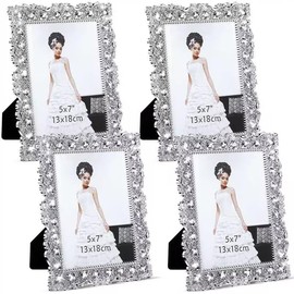 Yookeer 4 Pack 5 x 7 Inch Crystal Picture Frame Resin Wedding Photo Frame Jewel Picture with Rhinestones Photo Gift for Wedding Table Top Desktop Display