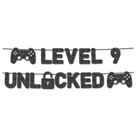 Pre-Strung Level 9 Unlocked Banner - NO DIY - 9th Birthday Banner - Happy 9th Birthday Banner - Black Glitter