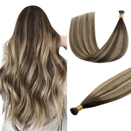 DOORES I Tip Hair Extensions Human Hair, Balayage Chocolate Brown to Honey Blonde 50g/50s 22 Inch, I Tip Remy Hair Extensions Cold Fusion Hair Extensions Itip Extensions Straight Human Hair Extensions