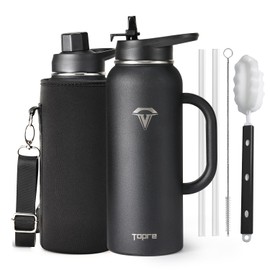 Topre 40 oz Insulated Water Bottle with Straw and Lid, Food-grade Double Wall Vacuum Stainless Steel Flask with Handle,Leakproof Metal Travel Jug With Carry Pouch and Brush,Keep Cold & Hot,Black