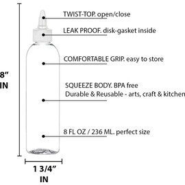 BRIGHTFROM Twist Top Applicator Bottles, 8 OZ Crystal Clear, Squeeze Empty Plastic Bottles, BPA-Free, PET, Refillable, Open/Close Nozzle - Multi Purpose (Pack of 2)