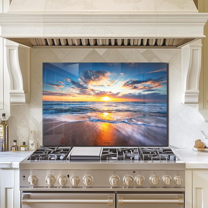 Tempered Glass Backsplash For Kitchen Behind Stove,Sea Beach Stove Backsplash