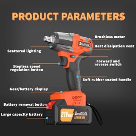 1/2 Inch Chuck Cordless Impact Driver 800W Brushless Electric Wrench, 21V High Torque 550N.M, Led 2500RPM Speed, Work Light, Flexible Shaft, 4 Sockets, 12 Drill Set, Carry Case, Orange