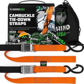Rhino USA Motorcycle Tie Down Straps (2 Pack) Lab Inspected 2,200lb Break Strength, Steel Cambuckle Tiedown Set with Integrated Soft Loops - Better Than a Ratchet Strap (Orange 2-Pack)