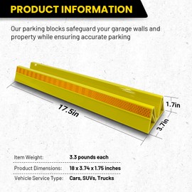HOXWELL 2 Pcs 18'' Parking Car Wheel Stopper for Garage with 2 Installation Methods, Heavy Duty Tire Stops with Reflective Tapes, Car Parking Aids for Garage, Yellow
