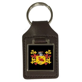 Floundern Family Crest Family Name Coat of Arms Brown Leather Keyring Engraving, silver