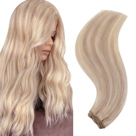 RUNATURE Weft Hair Extensions Real Human Hair Blonde Highlight Golden Blonde Sew in Hair Extensions Invisible Weft Human Hair 100g/Pack 14 Inch #16P24