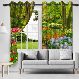DORCEV Spring Forest Park Window Curtains Colorful Floral Blooming Tulip Flowers Blackout Window Drapes Garden Path Spring Scenery Window Treatment Sets Bedroom Living Room Decor,42x84 inch,2 Panels