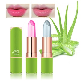 2PCS Aloe Vera Color Changing Moisturizing Lipstick for Women, Magic Temperature Color Change Lipstick Lip Blam Gloss Makeup Gift Set, Long Lasting Nourishing Tinted PH Lip Balm Moisturizer B