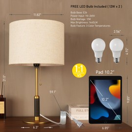 PSDSSHIIS 21" Set of 2 Modern Table Lamp Bedside Lamps for Bedroom Living Room Nightstand Lamp for End Tables 3-Color Temperatures Pull Chain Wood Fabric for Home Office Desk Decor (Light Brown+Brass)