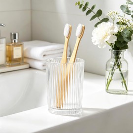 Keckensr Glass Toothbrush Holders for Bathrooms, 2pcs Vintage Clear Toothbrush Holder, Tooth Brush & Toothpaste & Makeup Brush Organizer for Vanity Countertop Bathroom Tumbler Cup Set