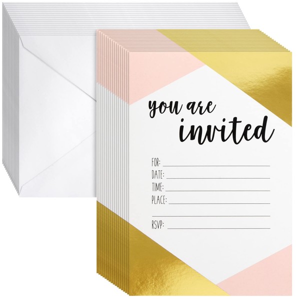 36 Pack Pink and Gold Party Invitations for Girls with Envelopes for Birthday, Baby & Bridal Shower, Fill in Style (10 x 15 cm)