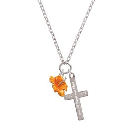 Delight Jewelry Silvertone Hot Orange Hibiscus Flower - I Can Do All Things Engraved Cross Zoey Necklace, 28"