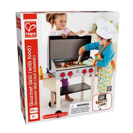 Hape Wooden Gourmet Grill and Shish Kabob| Pretend Playset Cooking Sets with Play Food for Kids