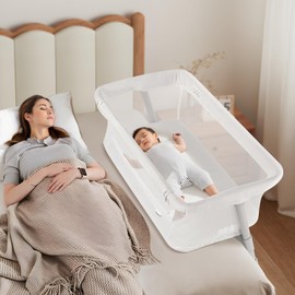 Cowiewie Bassinet Bedside Sleeper,Baby Bassinets Higher Place on Bed,5-Position Adjustment Baby Crib,Breathable 360°All-Around Mesh Sides Bedside Bassinet,Space-Saving Bedside Cribs，Height(37.4-41.3")