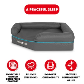 The Dog’s Bed Orthopedic Memory Foam Waterproof Corner Dog Bed, Large, Grey & Blue Trim, Eases Pet Arthritis & Hip Dysplasia Pain, Therapeutic & Supportive, Washable Oxford Fabric Cover