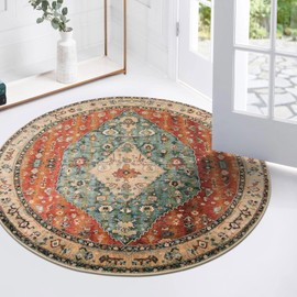 Lahome - Alfombra redonda tribal bohemia de 3 pies, alfombra redonda de entrada pequeña, suave, lavable, no desprende pelusa, antideslizante, para sofá, cuarto de baño, color verde azulado