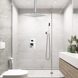 Heable ‎Polished Chrome Shower System Bathroom 12 Inch Rain Shower Head Ceiling Mount with Handheld Luxury High Pressure Shower Combo Set Shower Faucet Rough-in Valve Body and Trim Included