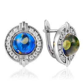 Amberholl Sterling Silver Earrings with Blue-Enamel-Backed 8mm Baltic Amber and Crystal Accents – 0.63 in Long – Leverback Closure – Natural Amber Jewelry for Women – Lightweight 0.16 oz