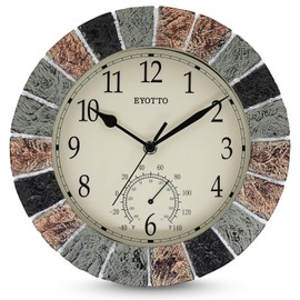eYotto 10 Inch Small Indoor/Outdoor Waterproof Wall Clock with Thermometer Silent Non-Ticking Battery Operated Wall Clocks Weatherproof for Patio, Pool, Garden, Lanai, Fence, Porch, Deck, Bathroom