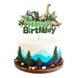 Ercadio - Paquete de 1 decoración de dinosaurios salvajes para tartas de feliz cumpleaños de dinosaurios realistas con hojas tropicales para decoración de tartas de cumpleaños con temática de dinosaurio, baby shower, fiesta de cumpleaños