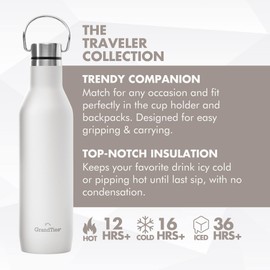 GrandTies Stainless Steel Water Bottles with 2 Lids | Slim Vacuum Insulated Cupholder Flask | Reusable Leak Proof BPA-Free Keep Cold Water bottle for School Gym Travel Sports | 21oz, Pearl White