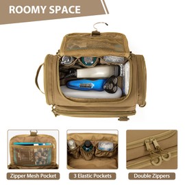 Prokva Tactical Toiletry Bag for Men, Hanging Hygiene Bag, Travel Dopp Kit Organizer for Shaving, Shower Essentials and Toiletries, Khaki (Empty Bag)