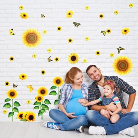 Outus 44pcs Sunflower Wall Stickers Vinyl Decals Yellow Daisy Flower with Butterfly Sunflower Decor for Bathroom Kitchen Living Room Car Waterproof and Removable Decorations