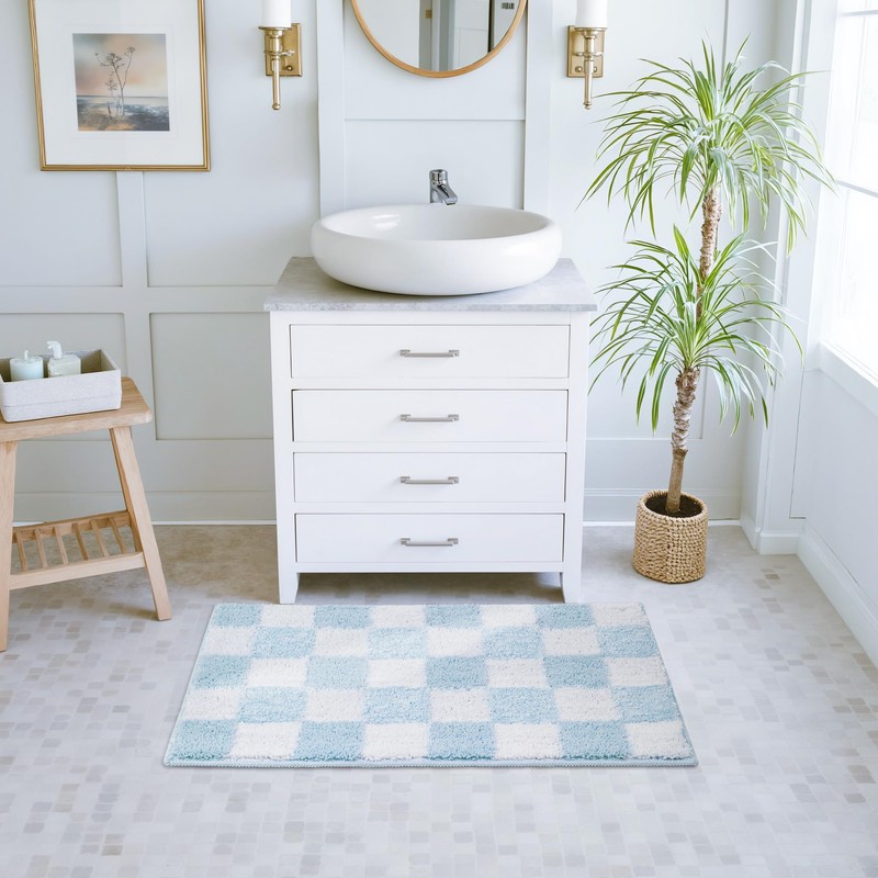 GRANNY SAYS Checkered Blue Bathroom Rugs, 24" x 16", Non-Slip