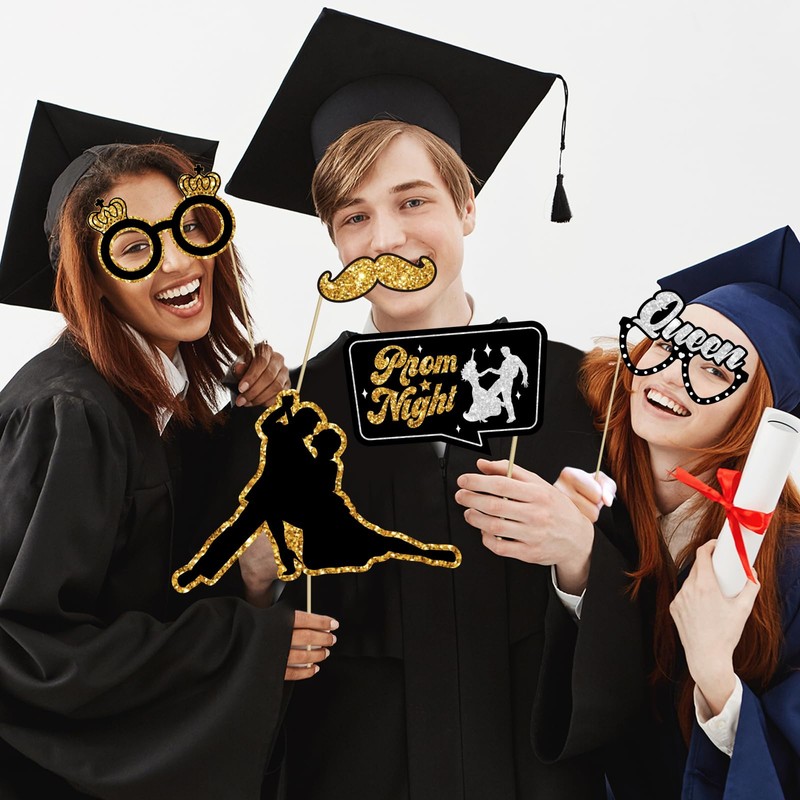 Prom Photo Booth Props, 39Pcs Black Gold and Silver Prom