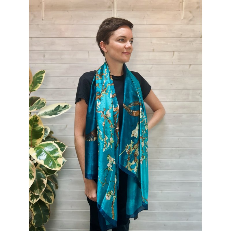 100% silk scarf- turquoise Van Gogh 'Almond Blossom'. Touch of