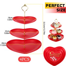 Layhit 4 Pack Valentine's Day 3 Tier Cupcake Stand Heart Shaped 3 Tiered Serving Trays for Party Plastic 3 Tiered Tray Stand Dessert Cupcake Stand for Tea Party Baby Shower Wedding (Red)